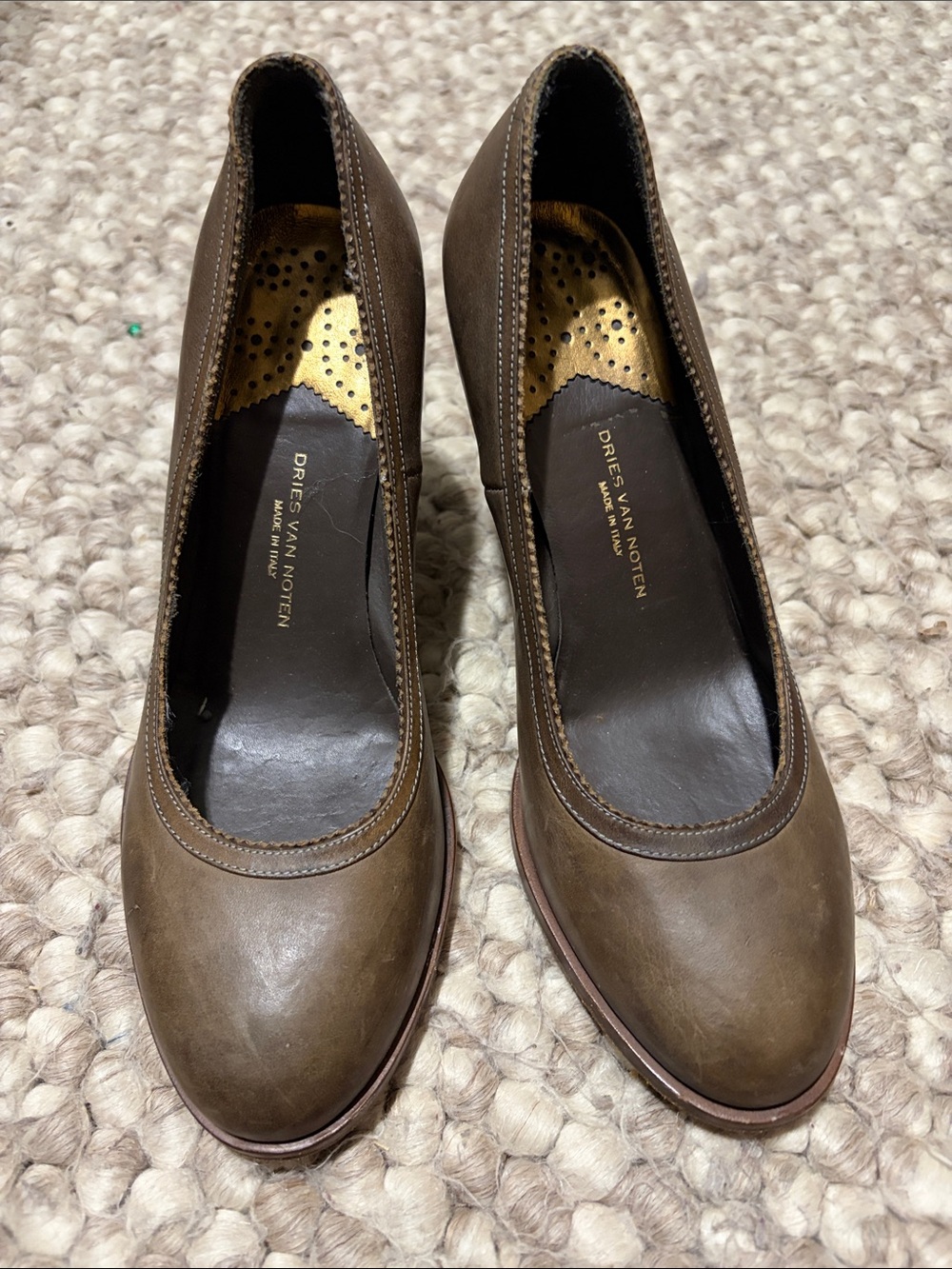 Dries Van Noten Olive Green Leather Round-Toe Heels